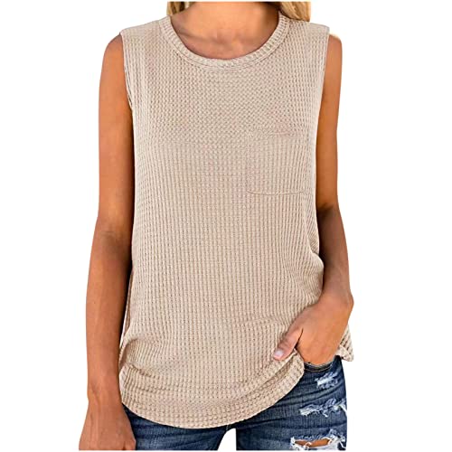 Damen Tank Tops Ärmelloses T-Shirt Sommer Casual Bluse Top Damen Einfarbig Atmungsaktives Waffel-Oberteil Elegant Rundhals Blusentop von Komiseup