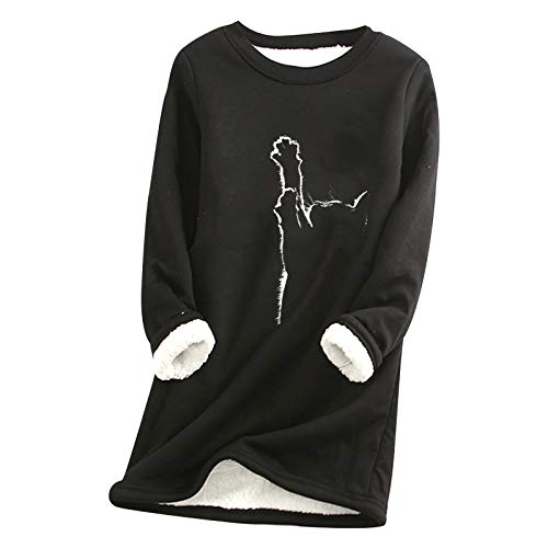 Damen Teddy Fleece Sweatshirt Rundhals Pullover Katzendruck Oberteile Warme Sherpa Gefüttertes Sweatshirts Herbst Winter Teddyfleece Pulli Weihnachtspullover Langarmshirt Einfarbig Thermounterwäsche von Komiseup