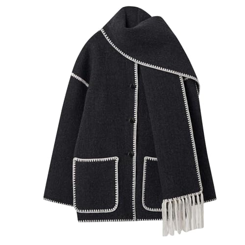 Damen Wintermantel mit Schal Kragen Locker Einreiher Mäntel mit Quaste Schal Herbst Winter Dicker Jacke mit Taschen Spiel Alle Warme Winterjacke Elegant Einfarbig Outwear Lässige Weibliche Wollmantel von Komiseup