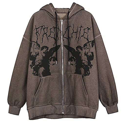 Damen Y2k Full-Zip Hoodie Gothic Engel Drucken Langarm Jacke Kapuzenjacke Mode Kapuzenpullover mit Tasche und Kordelzug Lose Pullover Sweatshirt mit Kapuze von Komiseup