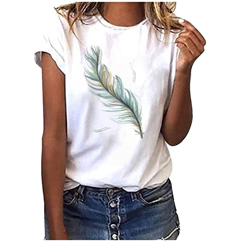 Federdruck Tshirt Damen Weiss Kurzarm mit Aufdruck Elegant Weiß Rundhals T-Shirt Baumwolle Basic Shirt Teenager Mädchen Einfarbig Pullover Tops Locker Sommer Oberteil Cute T-Shirts Mode Tunika Bluse von Komiseup