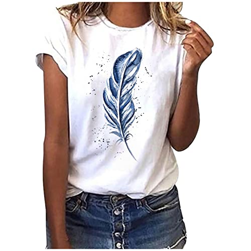 Federdruck Tshirt Damen Weiss Kurzarm mit Aufdruck Elegant Weiß Rundhals T-Shirt Baumwolle Basic Shirt Teenager Mädchen Einfarbig Pullover Tops Locker Sommer Oberteil Cute T-Shirts Mode Tunika Bluse von Komiseup