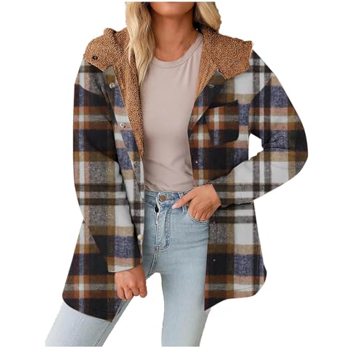 Fleecejacke Damen Karierte Tweed Mantel Flanell Dufflecoat Lässige Kariert Jacke Warme Mittellange Wollmantel Herbst Winter Einreihiger Kaschmirmantel Frauen Wintermantel Button-Down Kapuzenjacke von Komiseup