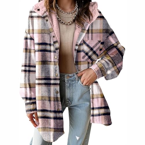 Fleecejacke Damen Karierte Tweed Mantel Flanell Dufflecoat Lässige Kariert Jacke Warme Mittellange Wollmantel Herbst Winter Einreihiger Kaschmirmantel Frauen Wintermantel Button-Down Kapuzenjacke von Komiseup