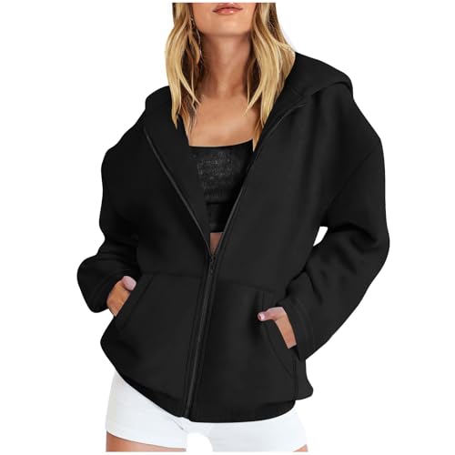 Fleecejacke Damen Lang Sweatjacke mit Kapuze Oversize Y2K Sweatshirt Mode Einfarbig Kapuzenjacke mit Reißverschluss Langarm Sport Style Kapuzenpullover Teenager Mädchen Zip Hoodie Sportjacke S-XXL von Komiseup