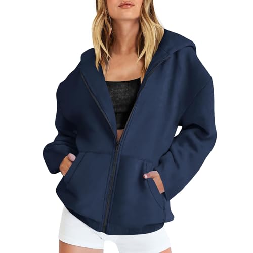Fleecejacke Damen Lang Sweatjacke mit Kapuze Oversize Y2K Sweatshirt Mode Einfarbig Kapuzenjacke mit Reißverschluss Langarm Sport Style Kapuzenpullover Teenager Mädchen Zip Hoodie Sportjacke S-XXL von Komiseup