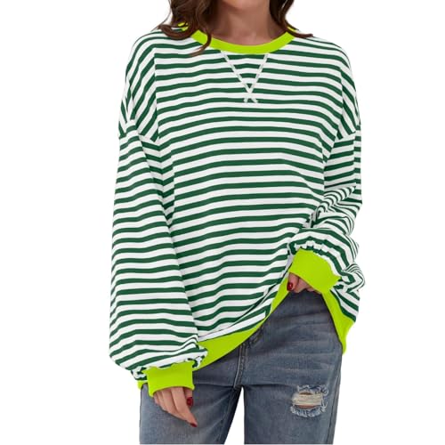 Gestreiftes Oversize-Sweatshirt für Damen Gestreifter Color Block Rundhals Langärmelig Lässig Lose Pullover Leicht Basic Tshirt Frauen Farbblock Langarmshirt Y2K Kleidung Long Sleeve Ribbed Neck Tops von Komiseup