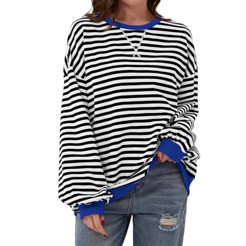 Gestreiftes Oversize-Sweatshirt für Damen Gestreifter Color Block Rundhals Langärmelig Lässig Lose Pullover Leicht Basic Tshirt Frauen Farbblock Langarmshirt Y2K Kleidung Long Sleeve Ribbed Neck Tops von Komiseup