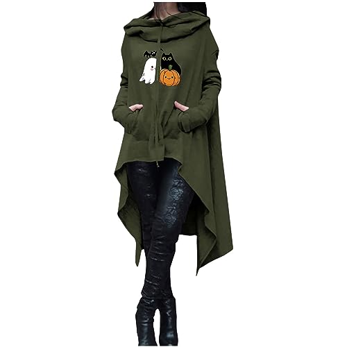 Halloween Hoodie Damen Lang - Oversize Pullover Sweatshirt mit Kapuze Herbst Winter Langarm Hoodie Jacke Top Vintage Kapuzenpulli Kürbis Drucken irregulär Sweatshirts mit Taschen von Komiseup