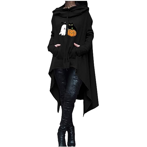 Halloween Hoodie Damen Lang - Oversize Pullover Sweatshirt mit Kapuze Herbst Winter Langarm Hoodie Jacke Top Vintage Kapuzenpulli Kürbis Drucken irregulär Sweatshirts mit Taschen von Komiseup