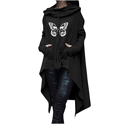 Halloween Hoodie Damen Lang - Oversize Pullover Sweatshirt mit Kapuze Herbst Winter Langarm Hoodie Jacke Top Vintage Kapuzenpulli Schmetterlingsdruck Drucken irregulär Sweatshirts mit Taschen von Komiseup