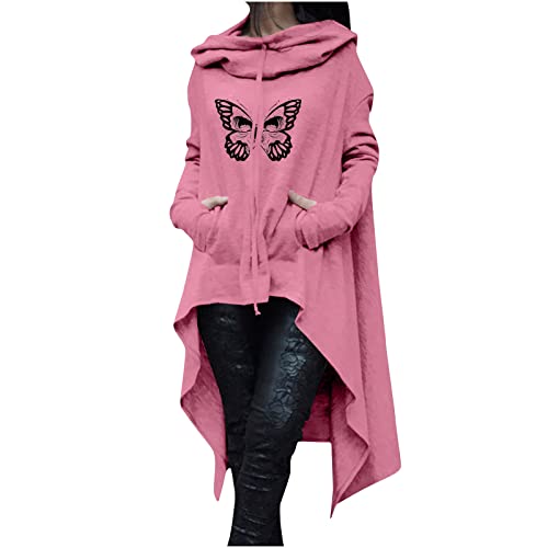 Halloween Hoodie Damen Lang - Oversize Pullover Sweatshirt mit Kapuze Herbst Winter Langarm Hoodie Jacke Top Vintage Kapuzenpulli Schmetterlingsdruck Drucken irregulär Sweatshirts mit Taschen von Komiseup