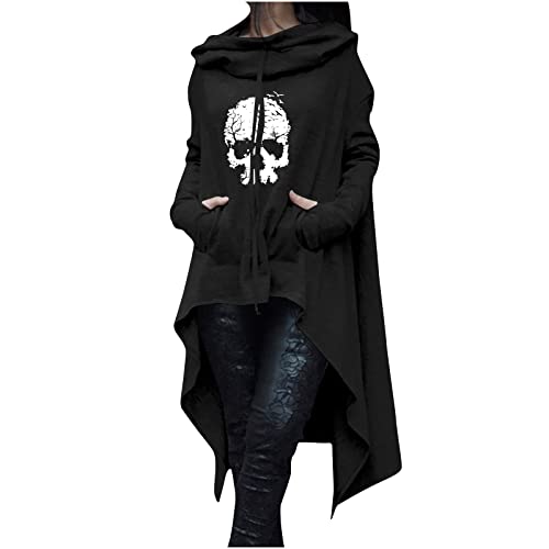 Halloween Hoodie Damen Lang - Oversize Pullover Sweatshirt mit Kapuze Herbst Winter Langarm Hoodie Jacke Top Vintage Kapuzenpulli Totenkopf Drucken irregulär Sweatshirts mit Taschen und Kordelzug von Komiseup