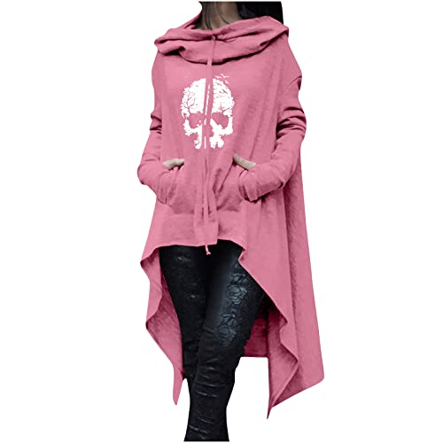 Halloween Hoodie Damen Lang - Oversize Pullover Sweatshirt mit Kapuze Herbst Winter Langarm Hoodie Jacke Top Vintage Kapuzenpulli Totenkopf Drucken irregulär Sweatshirts mit Taschen und Kordelzug von Komiseup