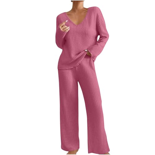 Hausanzug Damen Black Jogginganzug Friday Elegant Gestrickte Loungewear Solide Strickanzug Langarm Schlafanzüge Zweiteiler Rollkragenpullover Locker Freizeitanzug Outfit Weites Bein Hose Lounge Set von Komiseup