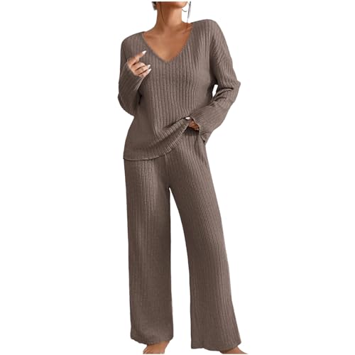 Hausanzug Damen Black Jogginganzug Friday Elegant Gestrickte Loungewear Solide Strickanzug Langarm Schlafanzüge Zweiteiler Rollkragenpullover Locker Freizeitanzug Outfit Weites Bein Hose Lounge Set von Komiseup