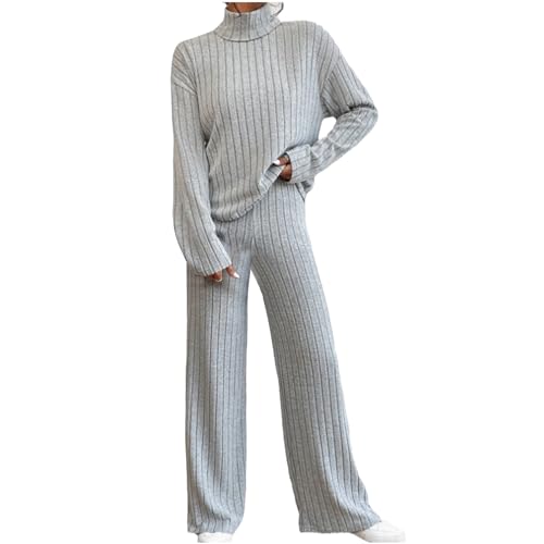 Hausanzug Damen Black Jogginganzug Friday Elegant Gestrickte Loungewear Solide Strickanzug Langarm Schlafanzüge Zweiteiler Rollkragenpullover Locker Freizeitanzug Outfit Weites Bein Hose Lounge Set von Komiseup