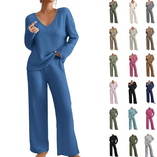 Hausanzug Damen Jogginganzug Set Black Loungewear Friday 2024 Neu Gerippt Lounge Set 2 Teiler Sportanzug Damen Y2K Outfit Strick Homewear mit Pullover und Weites Bein Hose Freizeitanzug Sleepwear von Komiseup