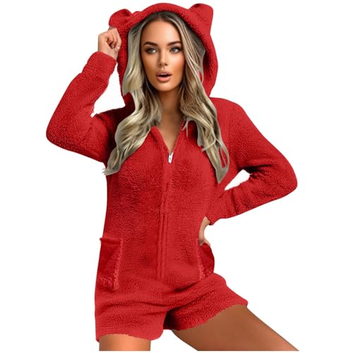 Hausanzug Damen Winter Warm Jumpsuit Teddy Fleece Einteiler Onesie Große Größe Dick Plüsch Overall Kurz Pyjama Anzug Flauschig Schlafanzug Kuschelig Mode Druck Loungewear Teenager Mädchen Overall von Komiseup