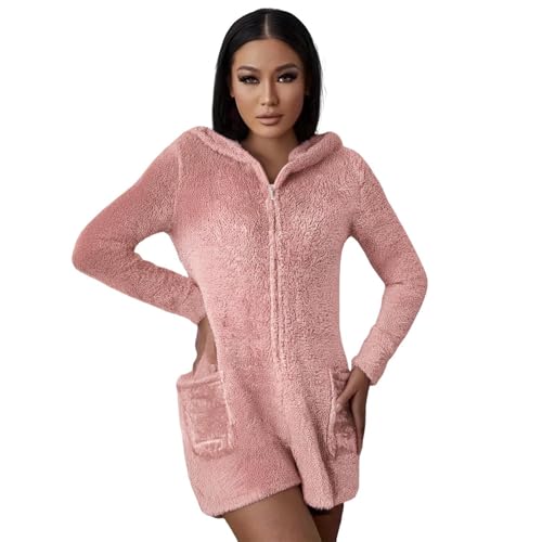 Hausanzug Damen Winter Warm Jumpsuit Teddy Fleece Einteiler Onesie Große Größe Dick Plüsch Overall Kurz Pyjama Anzug Flauschig Schlafanzug Kuschelig Mode Druck Loungewear Teenager Mädchen Overall von Komiseup