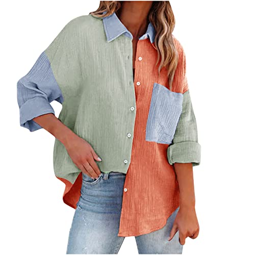 Hemd Damen Langarm Mode Kontrastfarbe Patchwork Tropfen Schulter Einreiher Revers Shirt Langarmhemd Farbblock Oversize Langarmshirt Hemdbluse von Komiseup