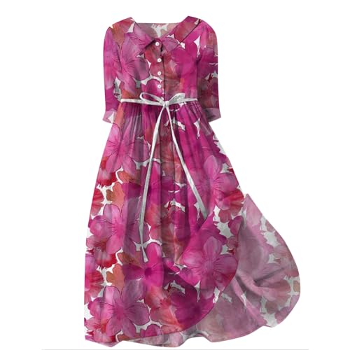 Hemdblusenkleid Damen Sommer Urlaub Kleid Hemdkleid mit 1/2 Ärmel Im Retro Stil Blusenkleid Knielang Plissierten Damenkleider Locker Rundhals Strandkleid Streifenkleid Elegant Cocktailkleid mit Gürtel von Komiseup