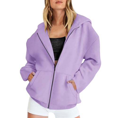 Hoodie Damen Oversize Sweatjacke Locker Lang Kapuzenjacke Basic Einfarbig Sweatshirt mit Kapuze Herbst Winter Kapuzenpullover Langarm Reißverschluss Mantel Teenager Mädchen Pullover Sportjacke S-2XL von Komiseup