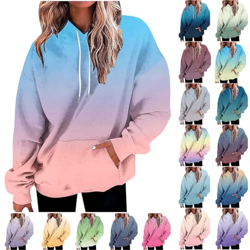Hoodie Damen Oversize Y2K Pullover mit Kapuze Locker Langarm Sweatshirt mit Taschen Modische Farbverlauf Kapuzenpullover Teenager Mädchen Streetwear Casual Baumwolle Langarmshirt Frauen Pulli S-XXL von Komiseup