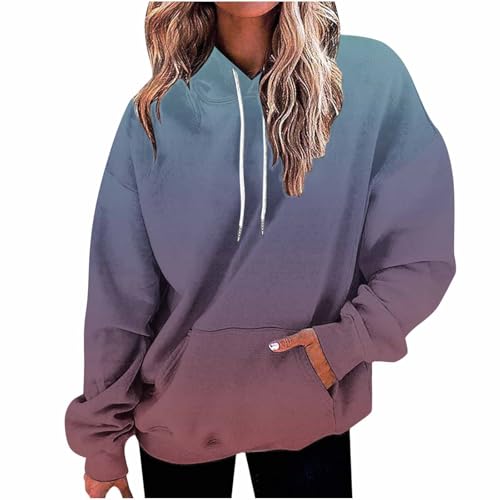 Hoodie Damen Oversize Y2K Pullover mit Kapuze Locker Langarm Sweatshirt mit Taschen Modische Farbverlauf Kapuzenpullover Teenager Mädchen Streetwear Casual Baumwolle Langarmshirt Frauen Pulli S-XXL von Komiseup