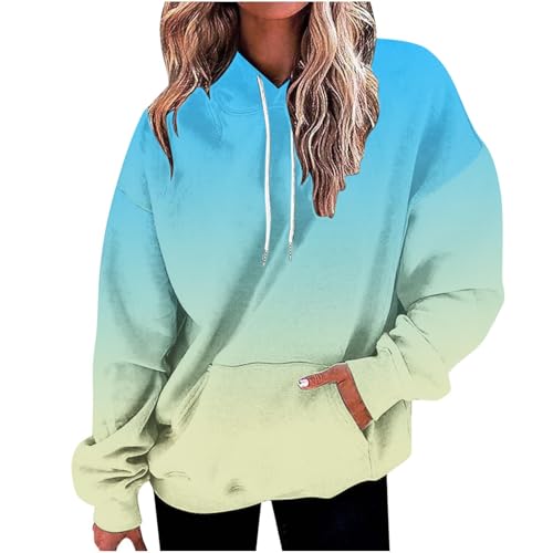 Hoodie Damen Oversize Y2K Pullover mit Kapuze Locker Langarm Sweatshirt mit Taschen Modische Farbverlauf Kapuzenpullover Teenager Mädchen Streetwear Casual Baumwolle Langarmshirt Frauen Pulli S-XXL von Komiseup