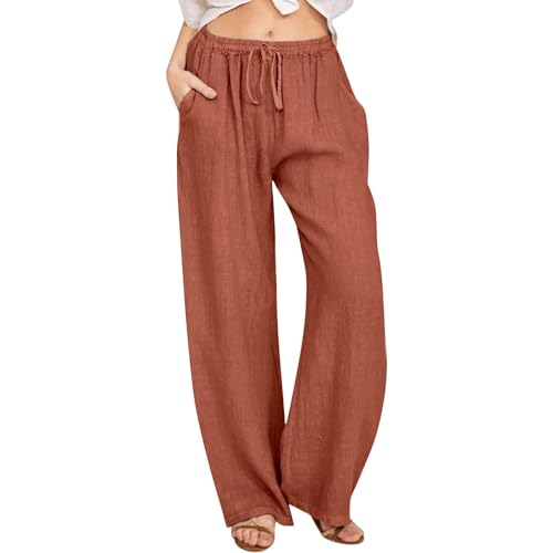 Hose Damen Lang Leicht Leinenhose Sommer Musselin Leinen Hosen Lässige Jogginghose Baumwolle Leinen Stoffhose Einfarbig Freizeithose Gerade Geschnitten Strandhose Hohe Taille Sommerhose mit Taschen von Komiseup