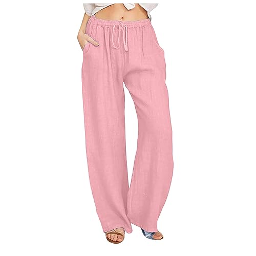 Hose Damen Lang Leicht Leinenhose Sommer Musselin Leinen Hosen Lässige Jogginghose Baumwolle Leinen Stoffhose Einfarbig Freizeithose Gerade Geschnitten Strandhose Hohe Taille Sommerhose mit Taschen von Komiseup
