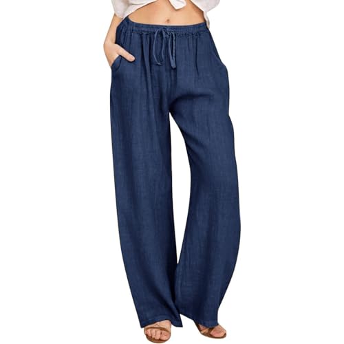 Hose Damen Lang Leicht Leinenhose Sommer Musselin Leinen Hosen Lässige Jogginghose Baumwolle Leinen Stoffhose Einfarbig Freizeithose Gerade Geschnitten Strandhose Hohe Taille Sommerhose mit Taschen von Komiseup