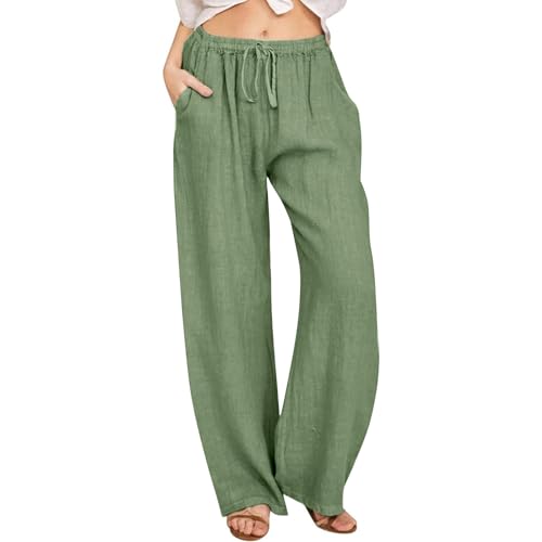 Hose Damen Lang Leicht Leinenhose Sommer Musselin Leinen Hosen Lässige Jogginghose Baumwolle Leinen Stoffhose Einfarbig Freizeithose Gerade Geschnitten Strandhose Hohe Taille Sommerhose mit Taschen von Komiseup