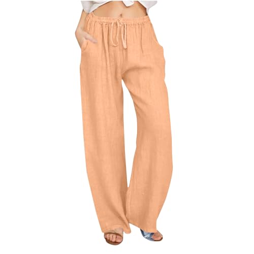 Hose Damen Lang Leicht Leinenhose Sommer Musselin Leinen Hosen Lässige Jogginghose Baumwolle Leinen Stoffhose Einfarbig Freizeithose Gerade Geschnitten Strandhose Hohe Taille Sommerhose mit Taschen von Komiseup