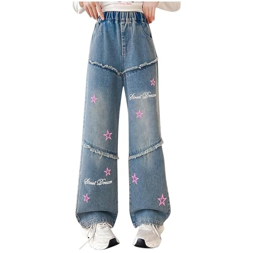 Hose Kinder, Baggy Jeans Kinder, Schlaghose Mädchen, Sporthose Mädchen Sommer Denim Hosen Lang Jeanshose Weites Bein Jeans mit Taschen High Waist Freizeithose Locker Casual Einfarbig Cargohose von Komiseup