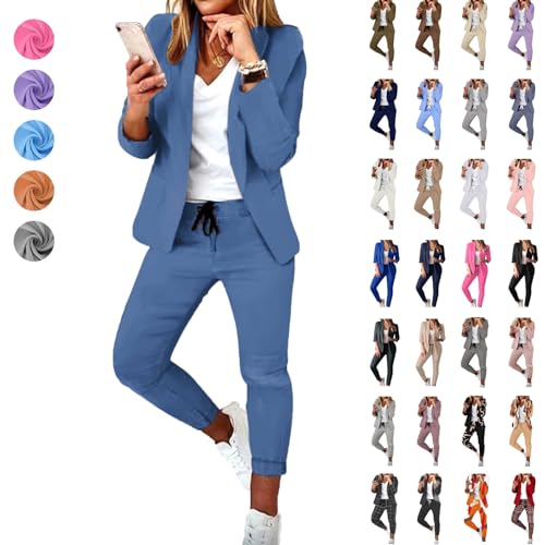 Hosenanzug Damen Elegant Business Anzug Set 2-teilig Slim fit Blazer Hose Outfit Casual Sportlich Freizeitanzug Mode Revers Longblazer Lang Hosen Tracksuit karierter Einfarbig Blazer Set Streetwear von Komiseup
