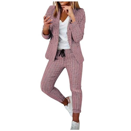 Hosenanzug Damen Elegant Business Anzug Set 2-teilig Slim fit Blazer Hose Outfit Casual Sportlich Freizeitanzug Mode Revers Longblazer Lang Hosen Tracksuit karierter Einfarbig Blazer Set Streetwear von Komiseup