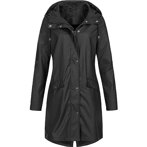 Jacke Damen Lang Regenjacke Leichte Wasserdichte Softshell Outdoor Funktionsjacke mit Verstellbare Kordelzug-Taille Oversized Übergangsjacke Windjacke Atmungsaktive Regenparka mit Kapuze Regenmantel von Komiseup
