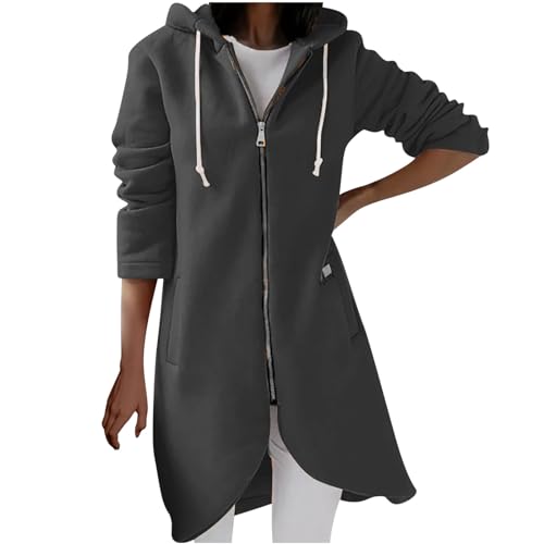 Jacke Damen Lang Zip Hoodie Einfarbig Sweatjacke mit Kapuze Modische Y2K Kapuzenjacke mit UnregelmäßIger Saum Herbst Winter Fleecejacke Locker Lässige Übergangsjacke Farbblock Coat Große Größen von Komiseup