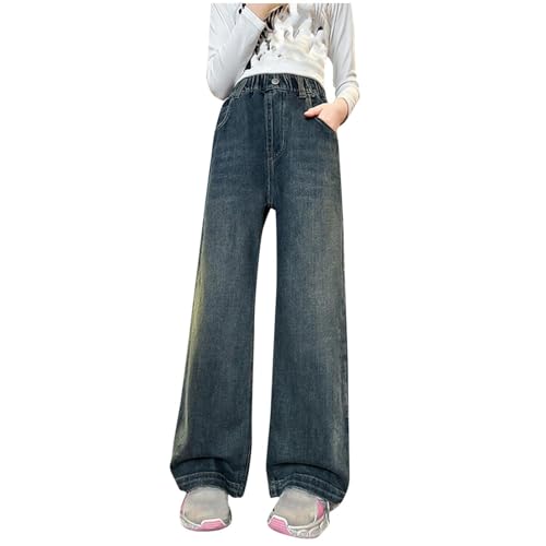Jeans Kinder Mädchen Zerrissene Jeanshose Teenager Sommer Hose Straight Leg Jeans High Waist Sommerhose Gerade Weite Schlaghose Vintage Denim Freizeithose Lang Outdoorhose mit Taschen Kinderjeans von Komiseup