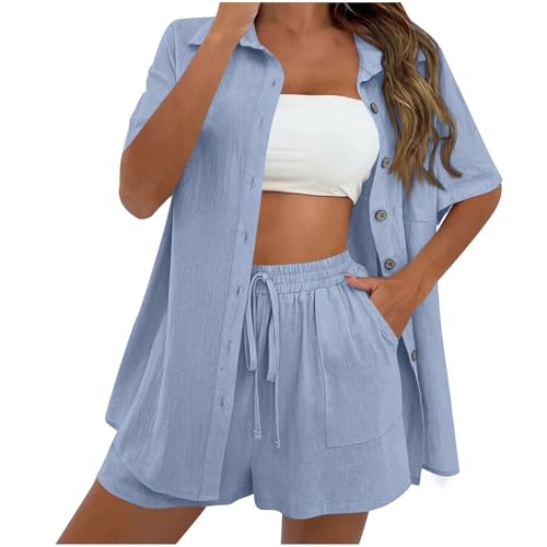 Jogginganzug Damen Zweiteiler Leinenanzug Kurzarm Hemd + Shorts Sommer Musselin Set 2 Teiler Hosenanzug Elegant Solide Outfits Kleidung Workout Sport Anzug Oversized Loungewear Set Mode Strandanzug von Komiseup