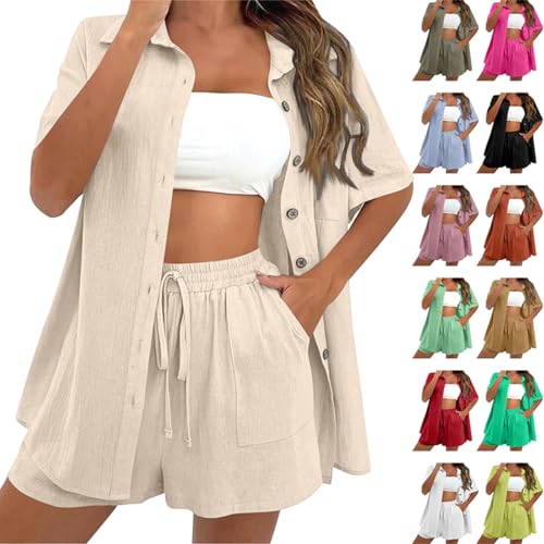 Jogginganzug Damen Zweiteiler Leinenanzug Kurzarm Hemd + Shorts Sommer Musselin Set 2 Teiler Hosenanzug Elegant Solide Outfits Kleidung Workout Sport Anzug Oversized Loungewear Set Mode Strandanzug von Komiseup