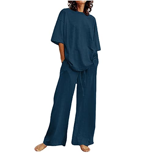 Jogginganzug Damen Zweiteiler Leinenanzug Langarm Shirt + Weite Beine Hose Sommer Musselin Set 2 Teiler Hosenanzug Elegant Solide Outfits Kleidung Workout Sport Anzug Oversized Loungewear Tracksuit von Komiseup