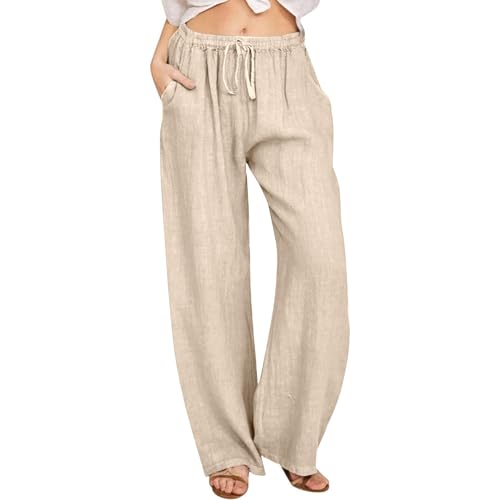 Jogginghose Damen Lange Leinenhose Sommer Freizeithose mit Taschen Frauen Gerades Bein Hosen Loose Bequem Yogahose mit Kordelzug Große Größe Sommerhosen mit Elastischem Bund Strandhose Stoffhose von Komiseup
