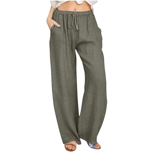 Jogginghose Damen Lange Leinenhose Sommer Freizeithose mit Taschen Frauen Gerades Bein Hosen Loose Bequem Yogahose mit Kordelzug Große Größe Sommerhosen mit Elastischem Bund Strandhose Stoffhose von Komiseup