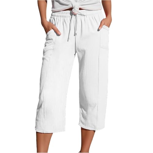 Jogginghose Damen Sommer 3/4 Hose Musselin Leinenhose Baumwolle Leinen Stoffhose Elegant Einfarbig Freizeithose Gerades Bein Strandhose mit Taschen Oversized Sommerhose Elastische Taille Sporthose von Komiseup