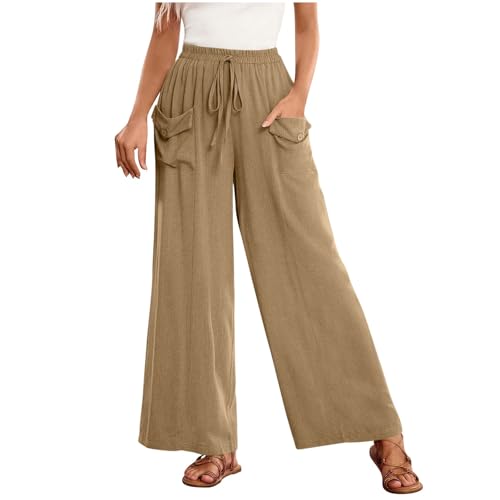 Jogginghose Damen Sommer Arbeitshose Musselin Leinenhose Baumwolle Leinen Stoffhose Elegant Einfarbig Freizeithose Gerades Bein Strandhose mit Kordelzug Frauen Weite Leg Hose Leicht Weite Sommerhose von Komiseup