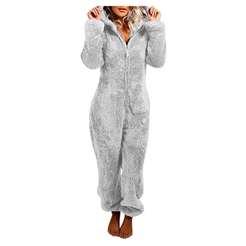 Jumpsuit Damen Teddy Fleece Schlafanzug Einteiler Winter Warm Kuschelig Onesie Lang Schlafoverall Pyjama Kuschelig und Warm Ganzkörperanzug Flauschig Hausanzug mit Kapuze & Reißverschluss von Komiseup