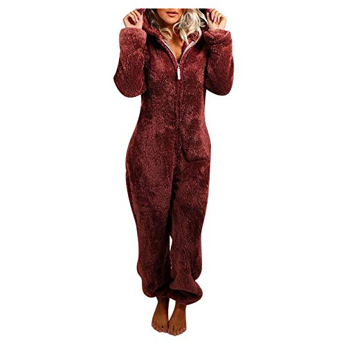 Jumpsuit Damen Teddy Fleece Schlafanzug Einteiler Winter Warm Kuschelig Onesie Lang Schlafoverall Pyjama Kuschelig und Warm Ganzkörperanzug Flauschig Hausanzug mit Kapuze & Reißverschluss von Komiseup